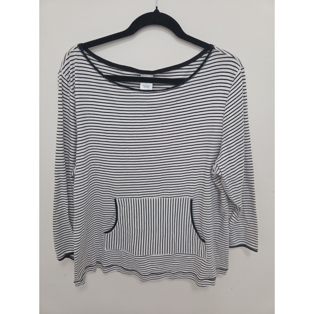 Classic Elements Black White Striped Top 1X Long Sleeve Pockets 100% Cotton
